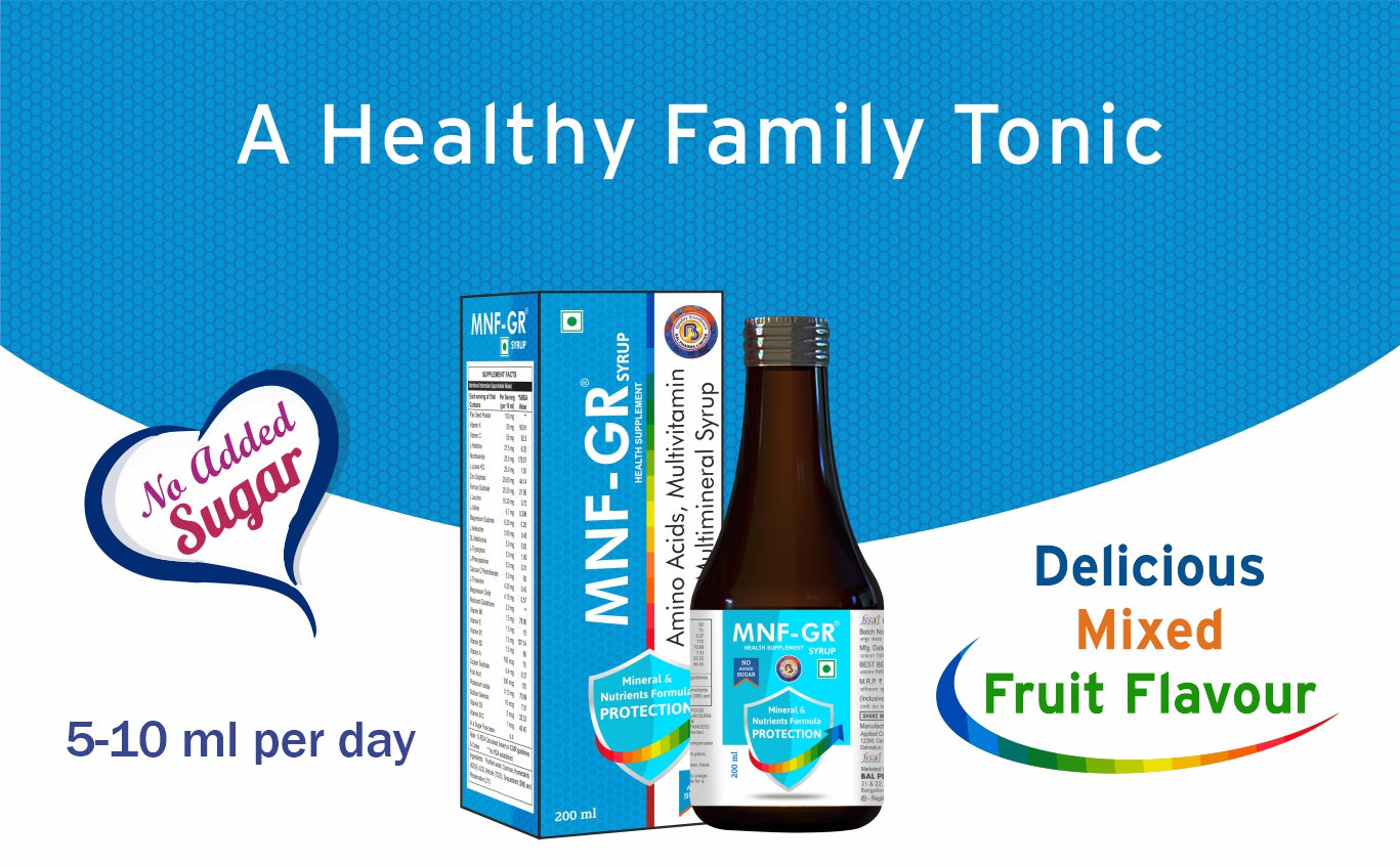 MNF GR syrup: a healthy family tonic with no added sugar, delicious mixed fruits flavor, recommended 5-10 ml per day.