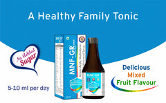 MNF GR syrup: a healthy family tonic with no added sugar, delicious mixed fruits flavor, recommended 5-10 ml per day.