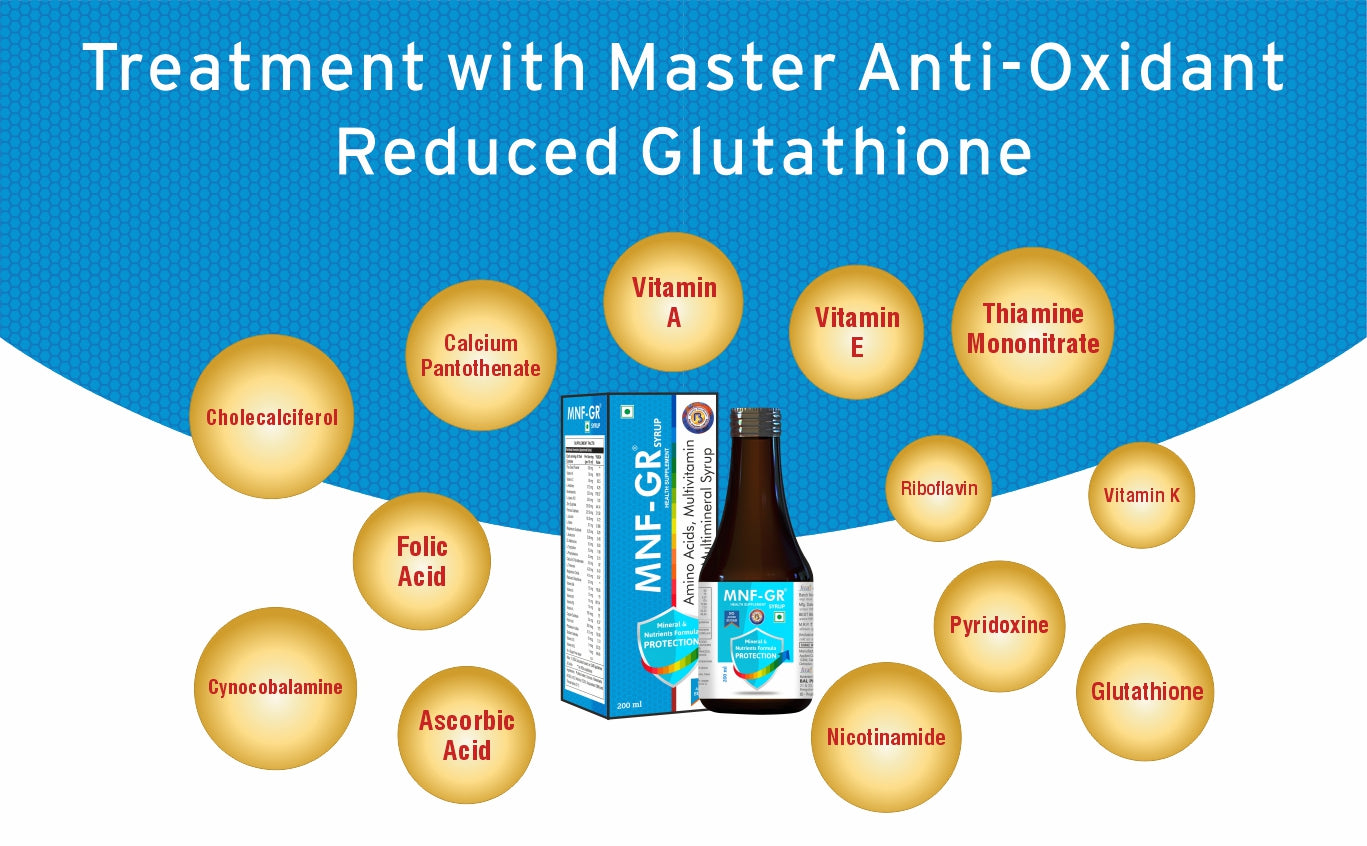 Product shot of MNF GR syrup, a treatment with master anti-oxidant reduced glutathione, highlighting its key nutrients in bubbles.