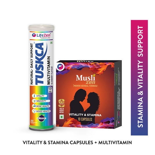 Two health supplement products, Tuskca Multivitamins and Muslizen capsules, on a white background with 'Stamina & Vitality Support' text.