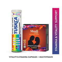 Two health supplement products, Tuskca Multivitamins and Muslizen capsules, on a white background with 'Stamina & Vitality Support' text.
