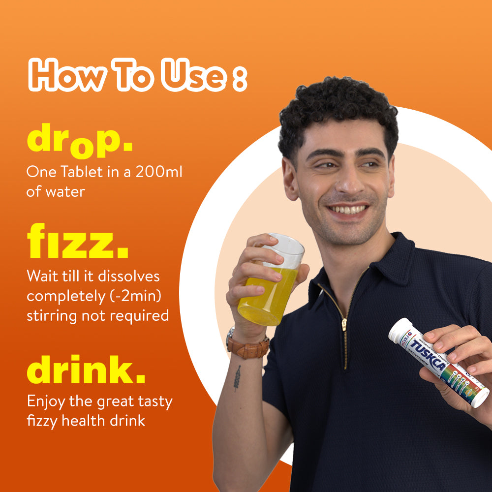A tablet fizzing in a glass of water, highlighting that easy way to consume Tuskca Multivitamin.