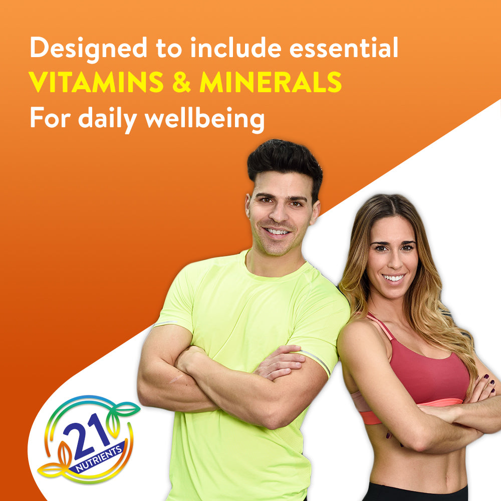 Two people standing side by side with an orange background and '21 Nutrients' logo.