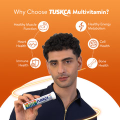 A man is shown in the center of the image with a list of six major benefits of Tuskca Multivitamin.
