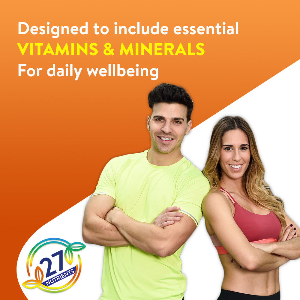 Young couple holding a bottle of Tuskca Multivitamin supplement.