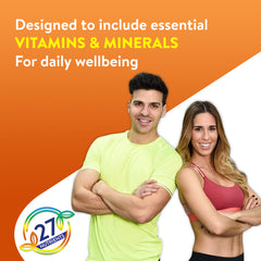 Young couple holding a bottle of Tuskca Multivitamin supplement.