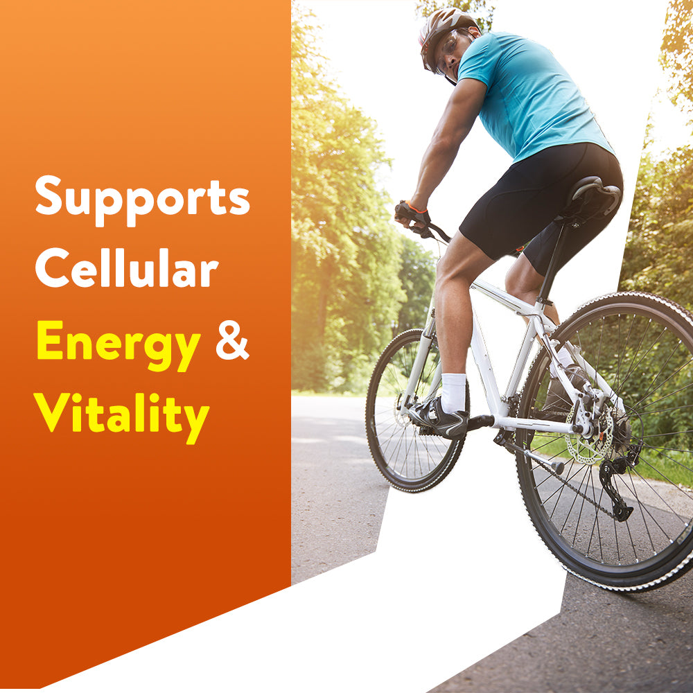 A cyclist riding a bi-cycle, representing cellular energy and vitality.
