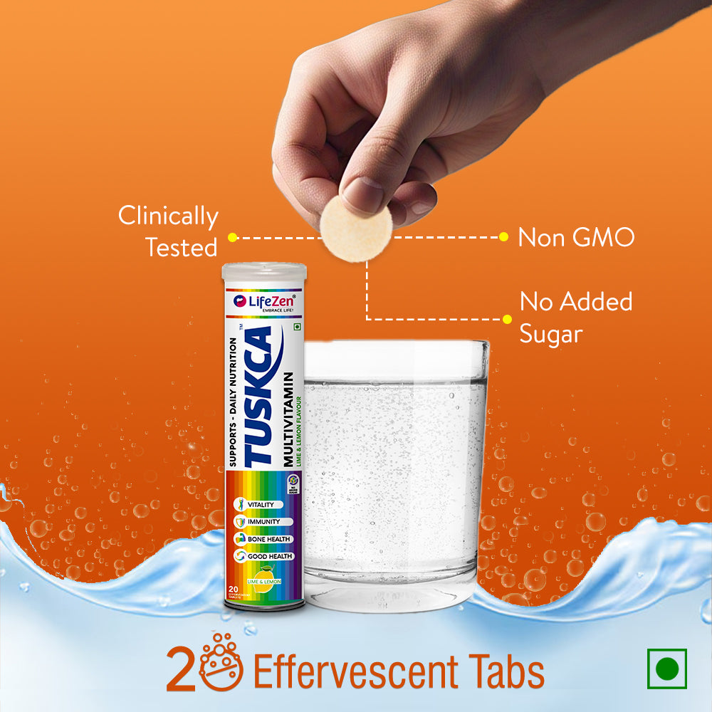 A tablet fizzing in a glass of water, highlighting that the product is clinically tested, non-GMO, and has no added sugar.