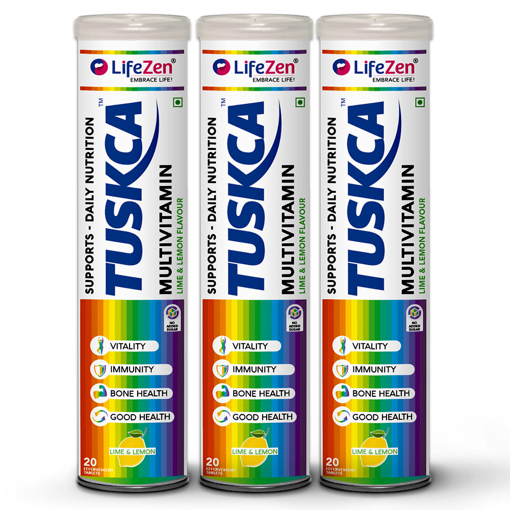 Three LifeZen TUSKCA multivitamin containers on a white background.