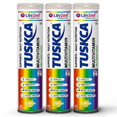 Three LifeZen TUSKCA multivitamin containers on a white background.