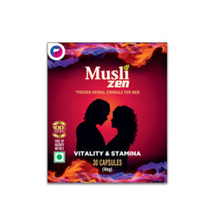A pack of Muslizen capsules, with branding and text indicating it is a men wellness herbal supplement with 30 capsules.