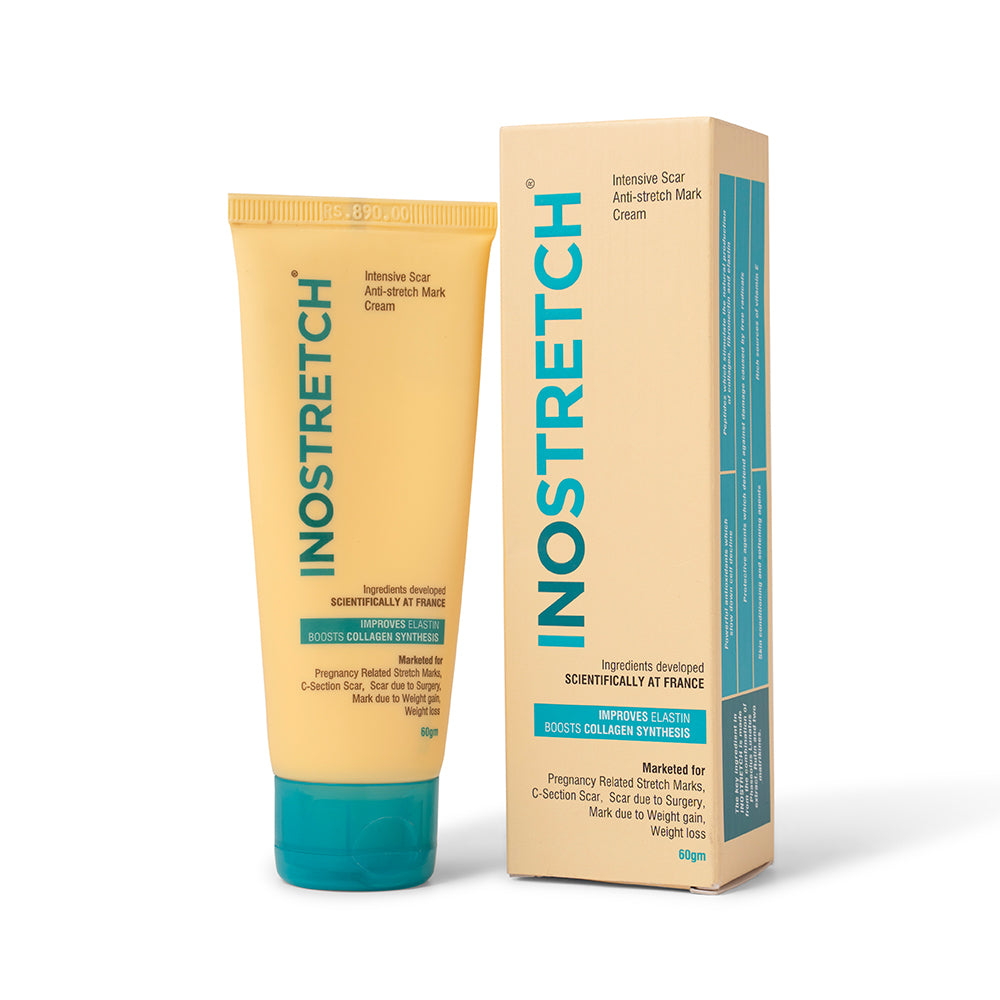 A package and tube of Inostretch Intensive Scar & Stretch Mark Removal Cream with white background.