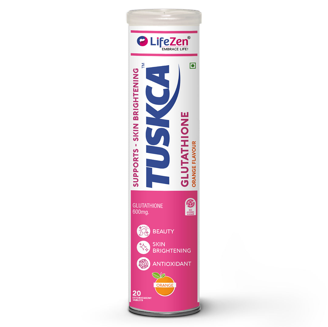A container of Tuskca Glutathione, with branding and text indicating it is a skin brightening, antioxidant supplement with 20 effervescent tablets.