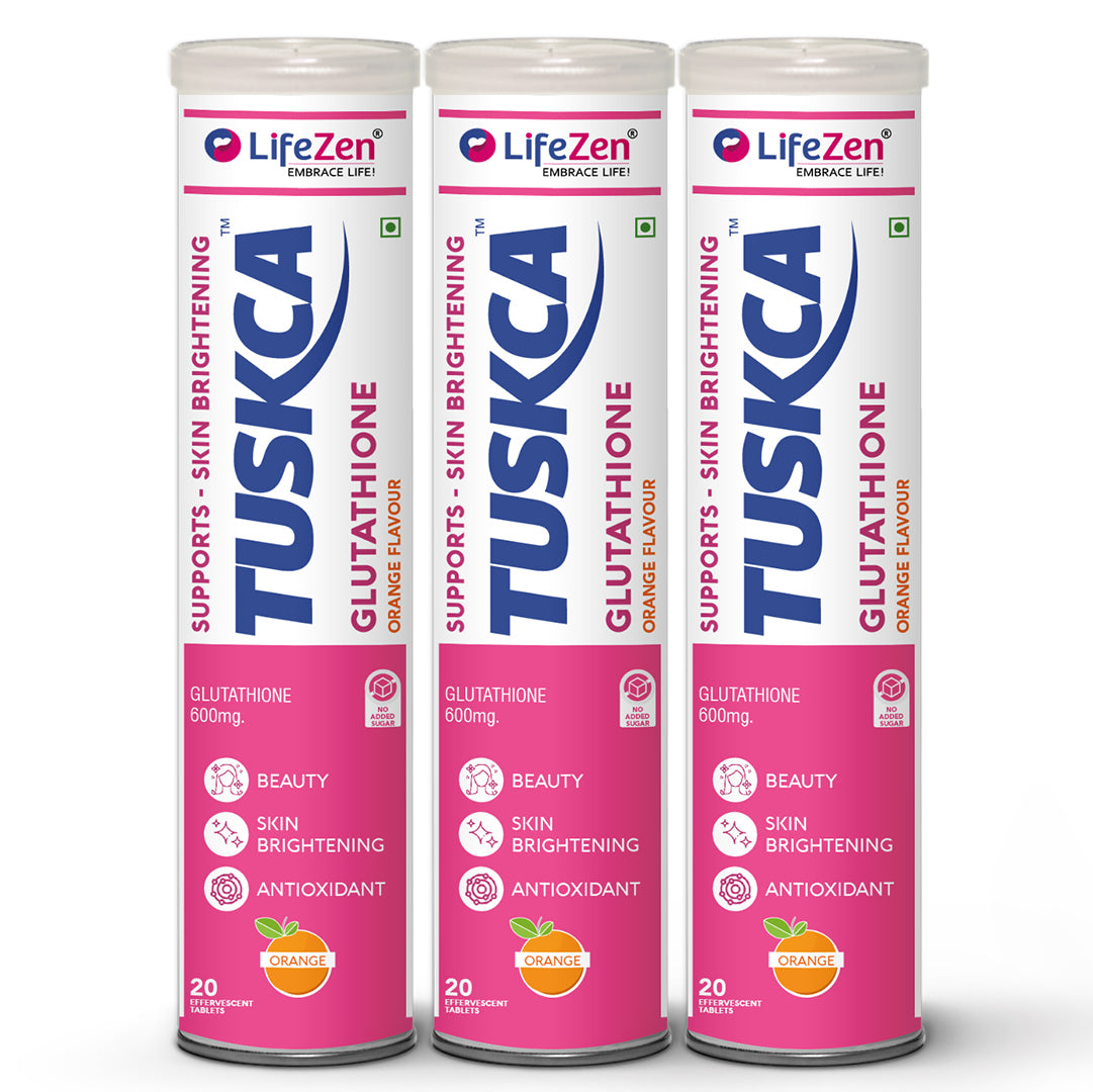 3 packs of Tuskca Glutathione, with branding and text indicating it is a skin brightening, antioxidant supplement with 20 effervescent tablets.