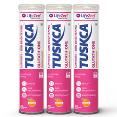 3 packs of Tuskca Glutathione, with branding and text indicating it is a skin brightening, antioxidant supplement with 20 effervescent tablets.