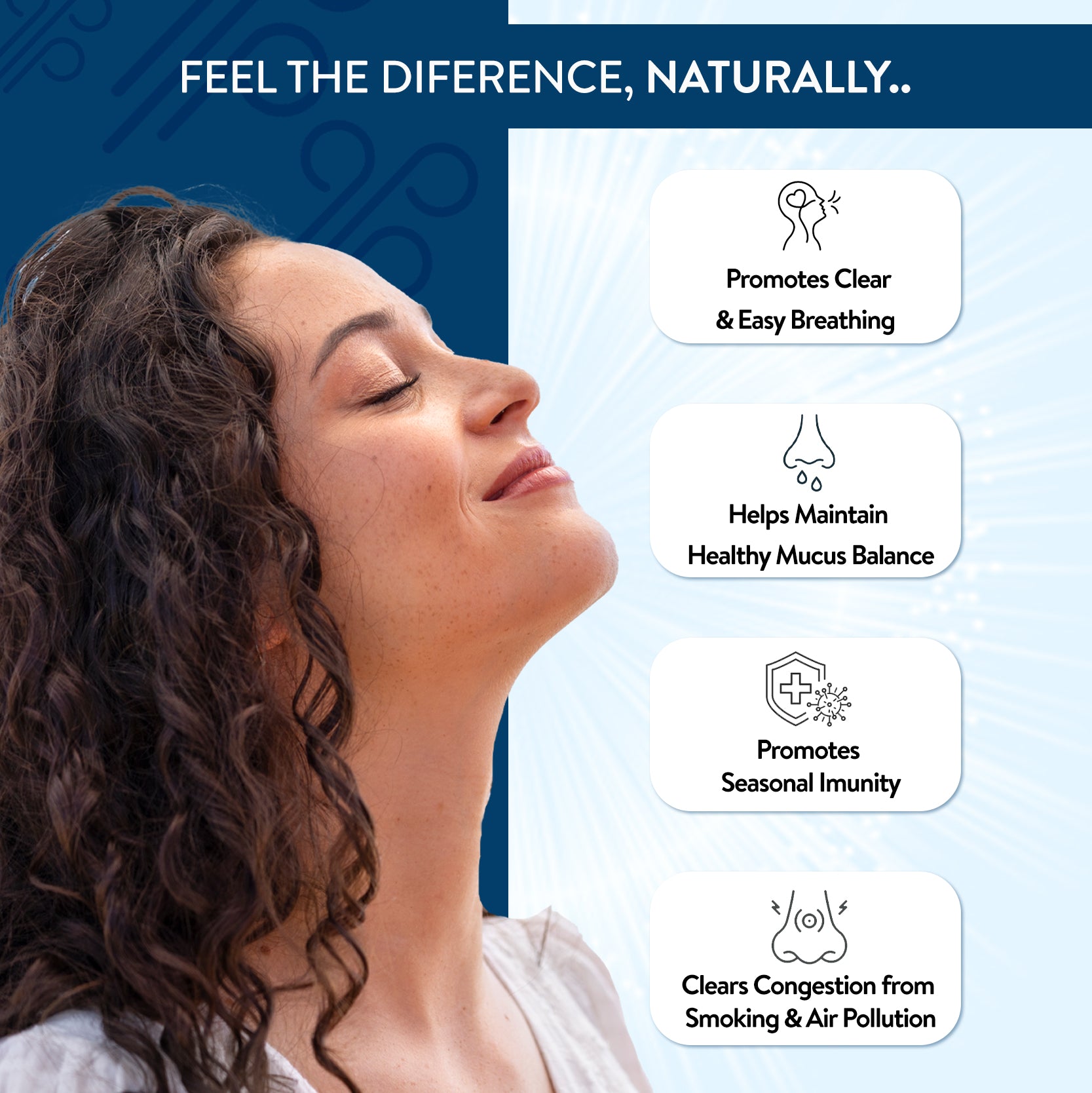Woman with closed eyes, text about breathing benefits on a blue background.