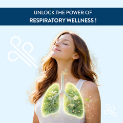 Woman with glowing lungs and text 'Unlock the Power of Respiratory Wellness' on a blue background.