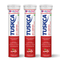 Three identical LifeZen Tuskca supplement tubes arranged side by side on a white background. The tubes are white with red and blue branding, featuring text for 'ACV + GARCINIA' and 'APPLE FLAVOUR'.