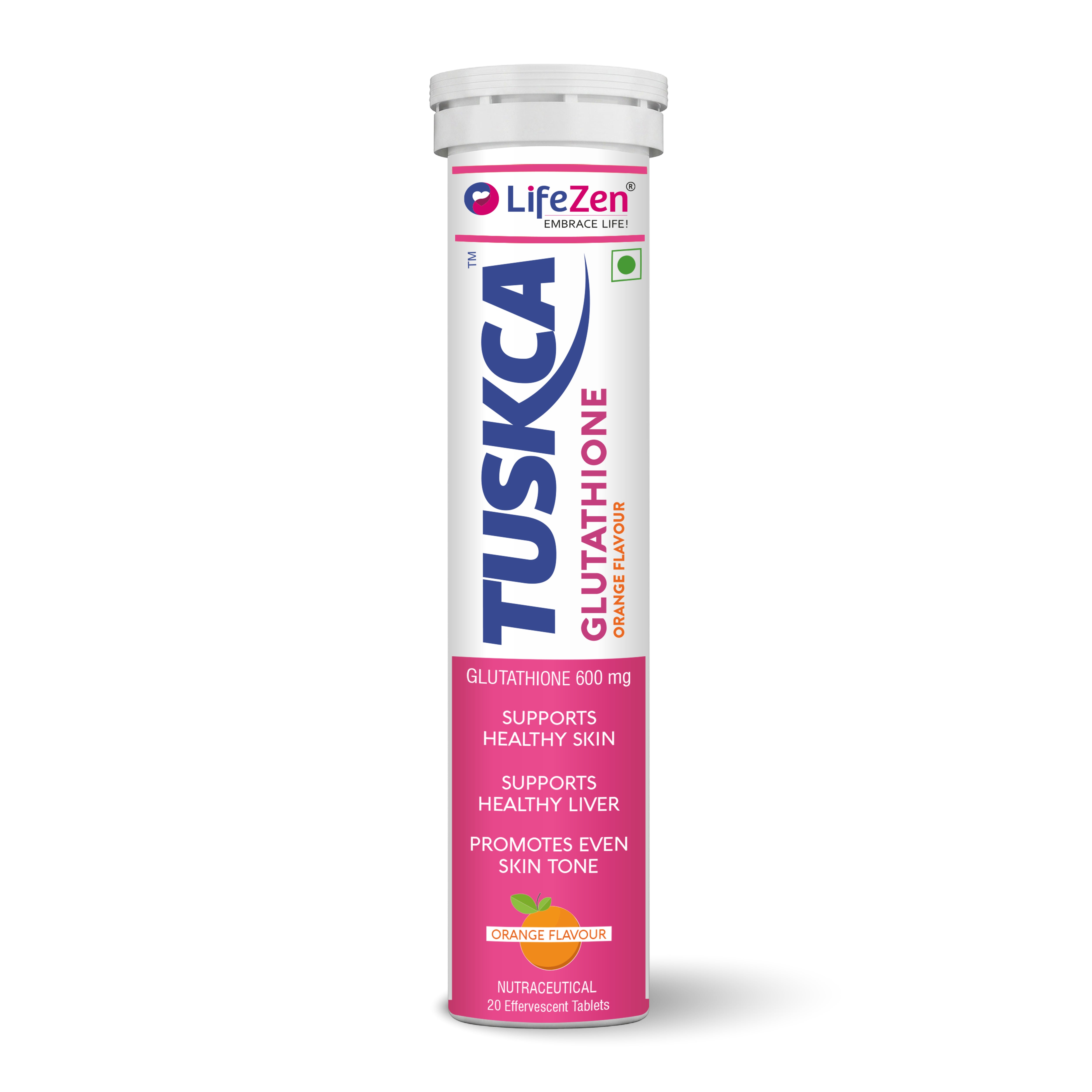 A single tube of LifeZen Tuskca Glutathione Opitac glutathione dietary supplement, featuring a white and pink design with blue and orange text, on a clean white background.