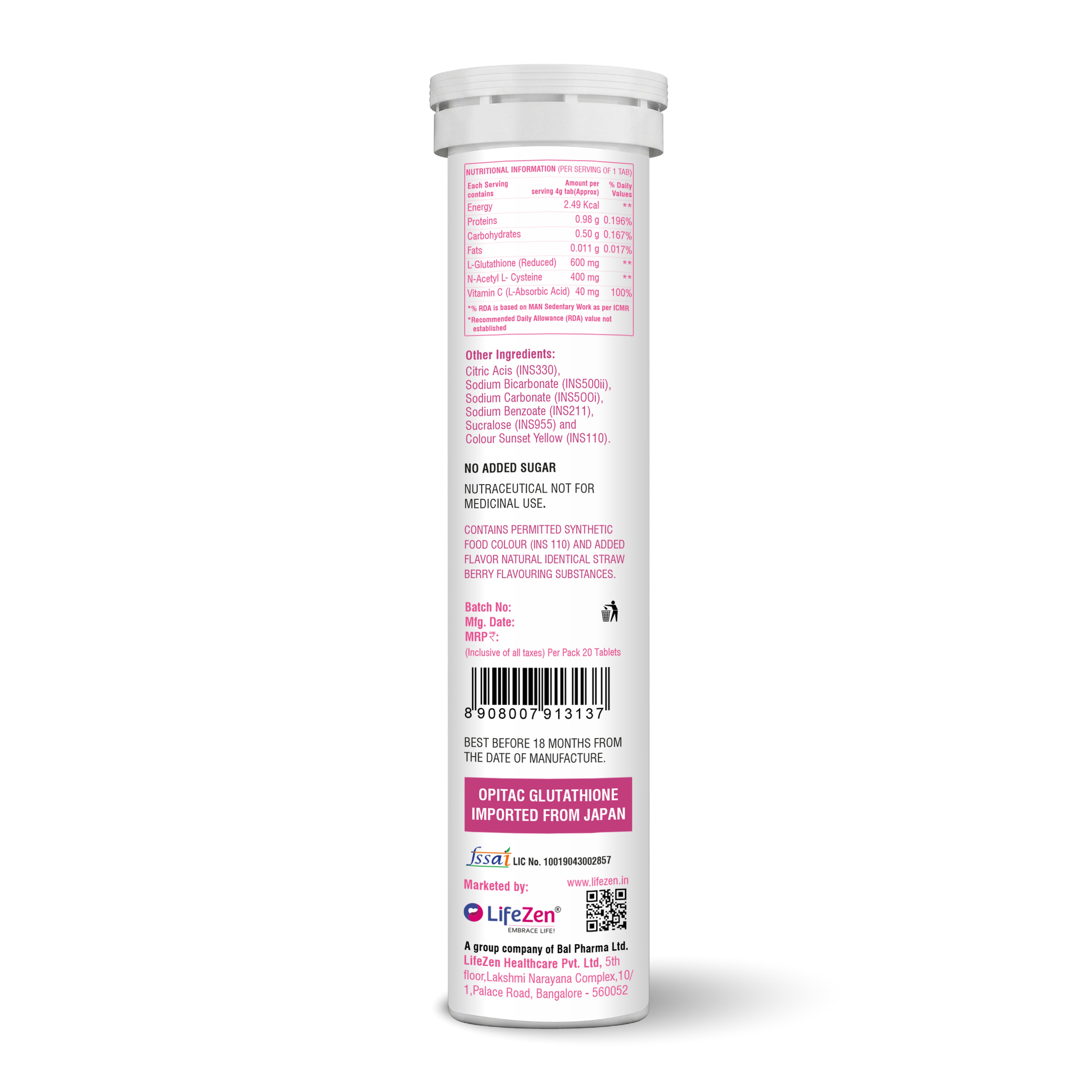 Background image of tall white cylindrical bottle of Tuskca Glutathione with a white cap, showing the back label with pink text and a barcode on a plain white background.