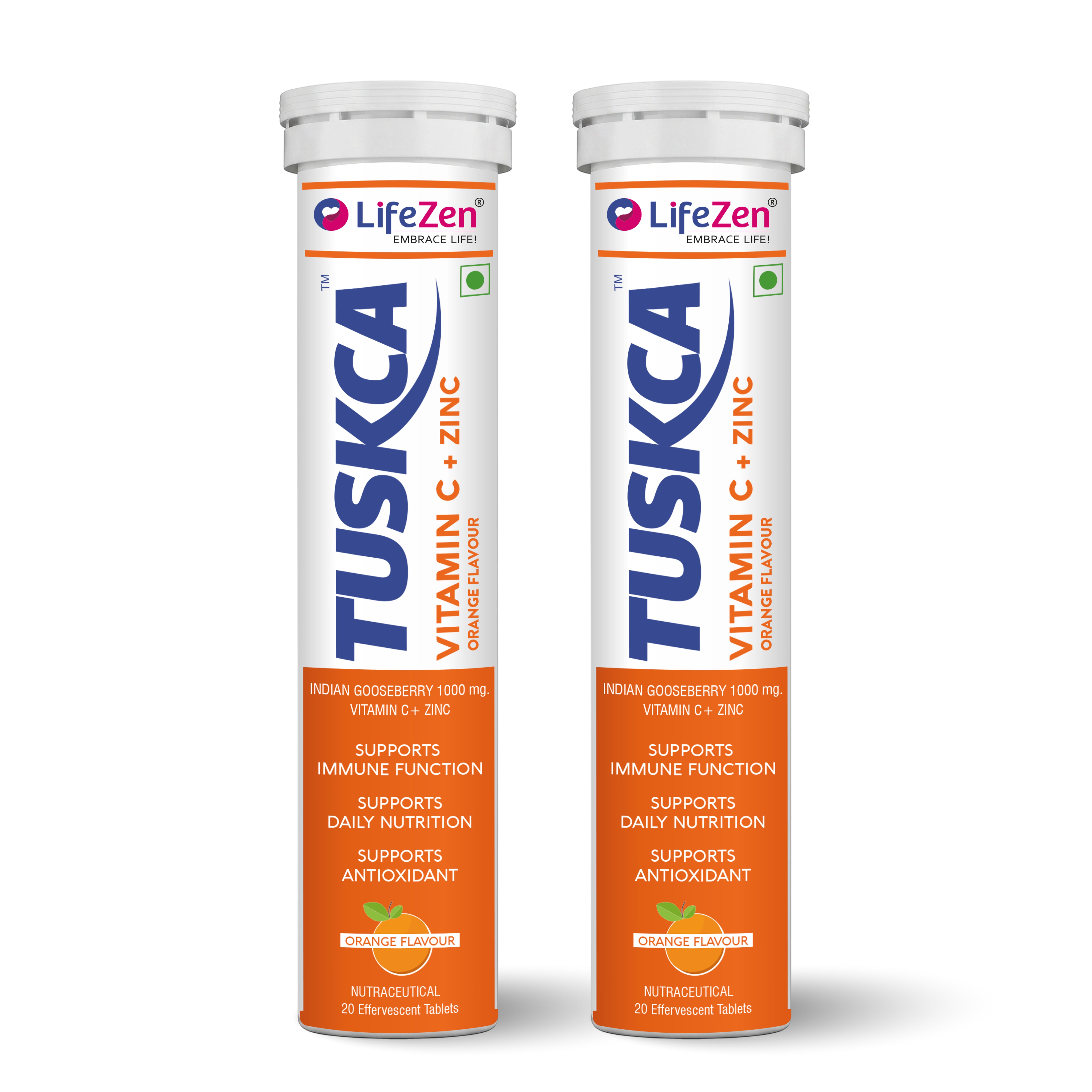 Two LifeZen Tuskca Vitamin C + Zinc orange-flavored supplement tubes standing upright on a white background.