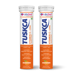 Two LifeZen Tuskca Vitamin C + Zinc orange-flavored supplement tubes standing upright on a white background.