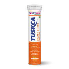A single cylindrical bottle of LifeZen Tuskca Vitamin C + Zinc dietary supplement, featuring a white and orange label with a white cap, set against a plain white background.