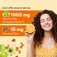 A happy woman with her eyes closed, holding a half-cut lemon. The image highlights 1000 mg Vitamin C and 10 mg elemental Zinc.
