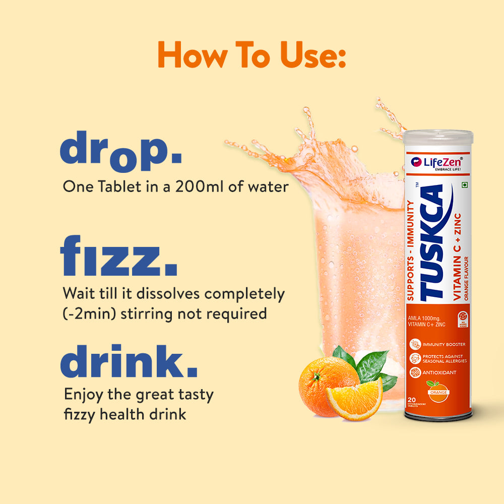 Instructions on how to consume Tuskca Vitamin C effervescent tablets.