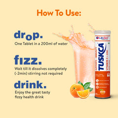 Instructions on how to consume Tuskca Vitamin C effervescent tablets.