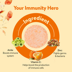 An image displaying the main ingredients of Tuskca Vitamin C, which include Vitamin C sourced from Amla and elemental Zinc.