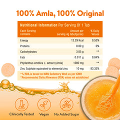Nutritional information and product details of a 100% Amla supplement with a glass of juice.