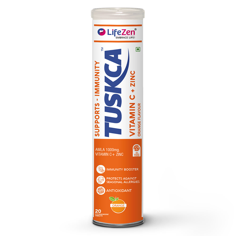 A bottle of TUSKCA Vitamin C and Zinc effervescent tablets with 20 tablets inside, marketed as an immunity booster.