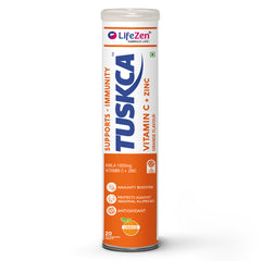 A bottle of TUSKCA Vitamin C and Zinc effervescent tablets with 20 tablets inside, marketed as an immunity booster.