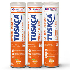 Three LifeZen TUSKCA vitamin C + Zinc supplement tubes on a white background