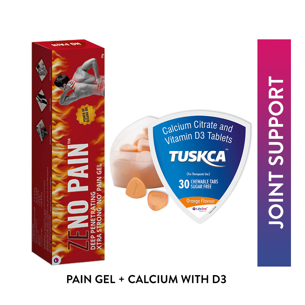 Zeno Pain gel box and Tuskca calcium supplement packaging on a white background