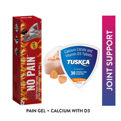 Zeno Pain gel box and Tuskca calcium supplement packaging on a white background