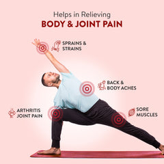 An image of a man in a flexible yoga pose, with four points highlighting the major benefits of Zeno Pain Gel for relieving body and joint pain.