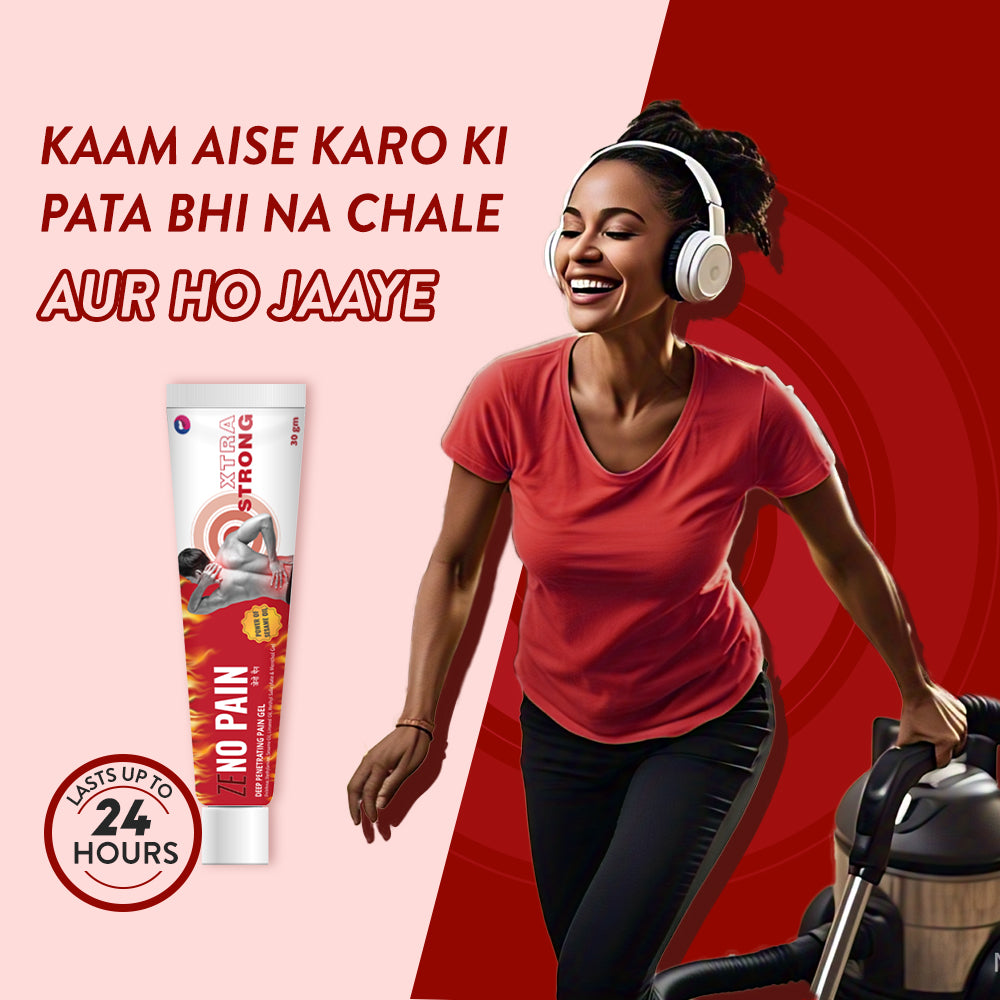 An image of a woman cleaning her home while wearing headphones. The tagline, "Aise kaam karo ki pata bhi na chale aur ho jaye" ("Work in such a way that you don't even know it's done"), suggests she is doing the work effortlessly and pain-free.