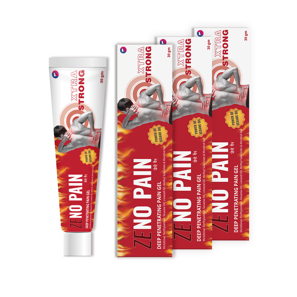 3 Zeno Pain gel packaging with a tube and boxes on a white background.