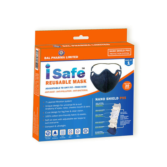 iSafe reusable mask packaging with orange and blue design on a white background.