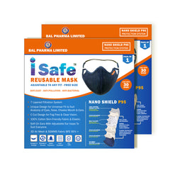 2 iSafe reusable mask packagings with Bal Pharma Limited branding on a white background.