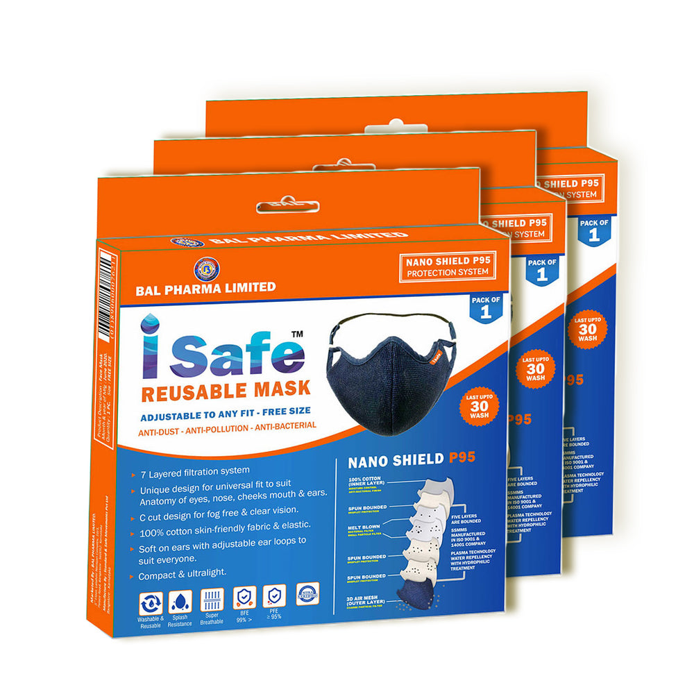 3 iSafe reusable mask packagings with Bal Pharma Limited branding on a white background.