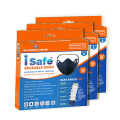 3 iSafe reusable mask packagings with Bal Pharma Limited branding on a white background.