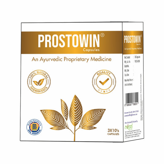 Prostowin capsules packaging with gold leaves and certification logos on a white background.