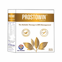 A box of PROSTOWIN capsules by BAL PHARMA with graphics indicating it is a product for prostate care and bladder relief.