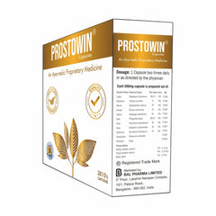 Side view of a box of PROSTOWIN capsules by BAL PHARMA with graphics indicating it is a product for prostate care and bladder relief.