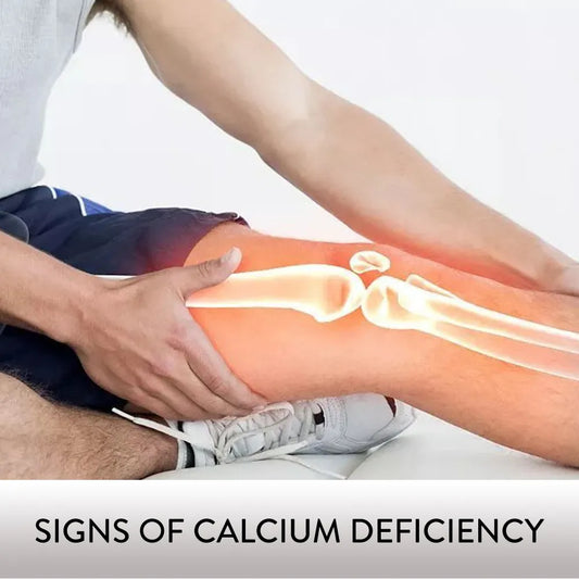Man holding knee with illustrated leg bones showing calcium deficiency