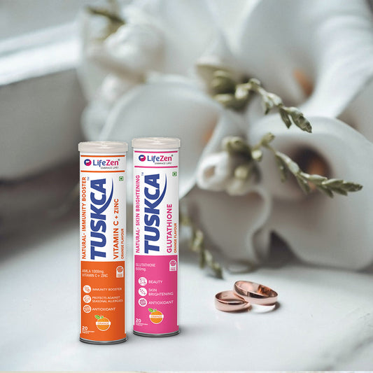 Tuskca Glutathione and Vitamin combo with two engagement rings on an aesthetic background, representing essentials for a dream wedding.