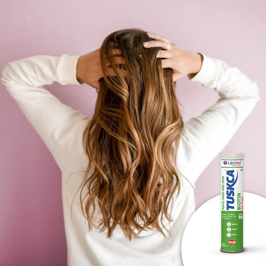Long, bouncy healthy hair with Tuskca Biotin supplement showcasing benefits for hair growth, strength, and shine.